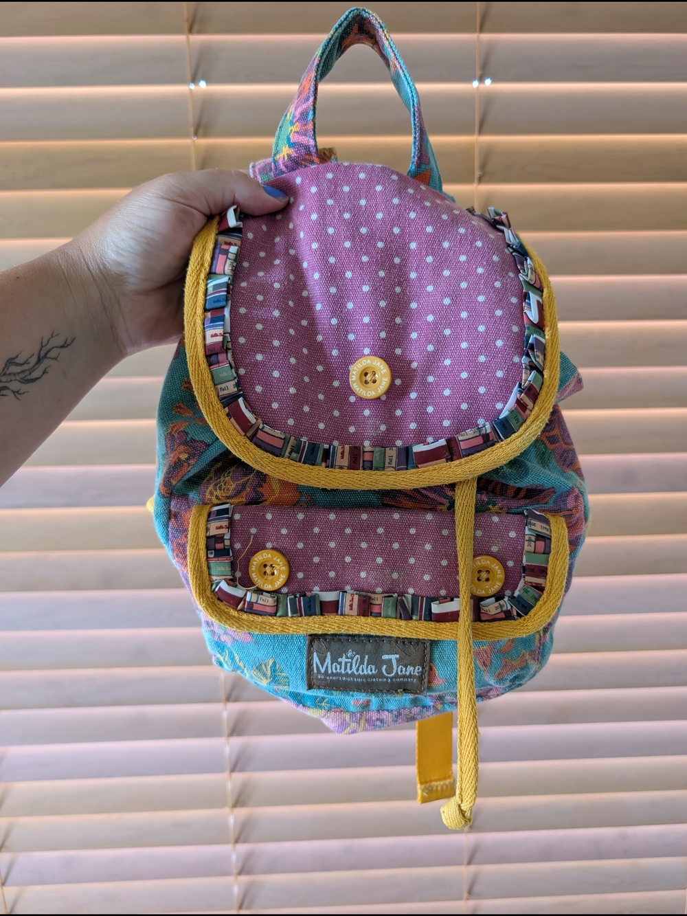 Matilda Jane Pink Polka Dot & Teal Floral Kids Mini Backpack with Yellow Trim